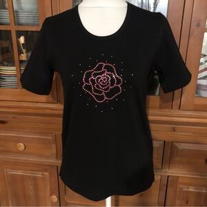 EUC Christine Alexander Black Tee with  Rose Design